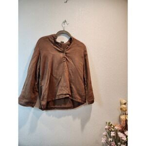 Lauren Ralph Lauren Petite Brown 100% Linen Button Blouse Size P/P Mandarin roll